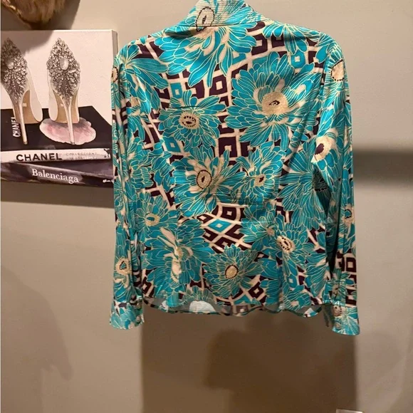 Etcetera by Carlisle Teal/White Floral Long sleeve Button Blouse Size 12/Large - Picture 11 of 13